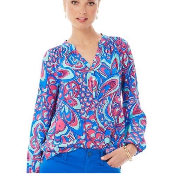 Lilly Pulitzer Tops - Lilly Pulitzer Elsa Silk Top-Blue Reel Me In Print-Smocked-Size Small